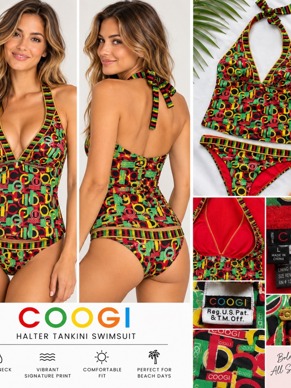VTG Y2K COOGI Rasta Monogram Tankini Swimsuit 2 Piece Set Size L Rare
